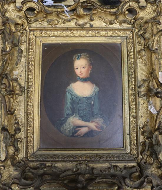 19th century English School, oil on prepared panel, portrait of a young lady wearing a blue dress, 20 x 16cm